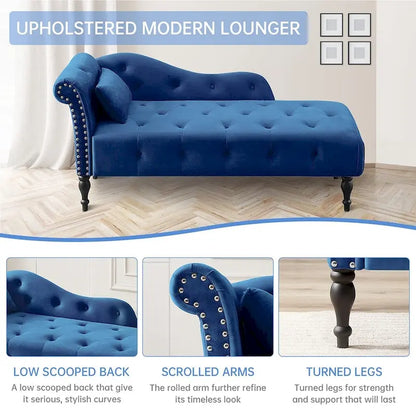 60 W Velvet Chaise Lounge, Tufted with Pillow & Nailhead Decorate - 60.6W  x 27.5D  x 28.3 H