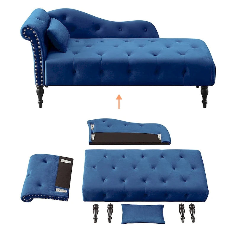 60 W Velvet Chaise Lounge, Tufted with Pillow & Nailhead Decorate - 60.6W  x 27.5D  x 28.3 H