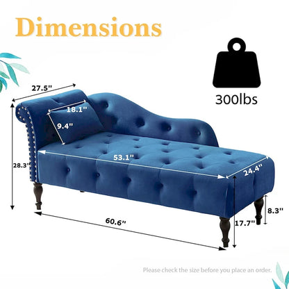60 W Velvet Chaise Lounge, Tufted with Pillow & Nailhead Decorate - 60.6W  x 27.5D  x 28.3 H