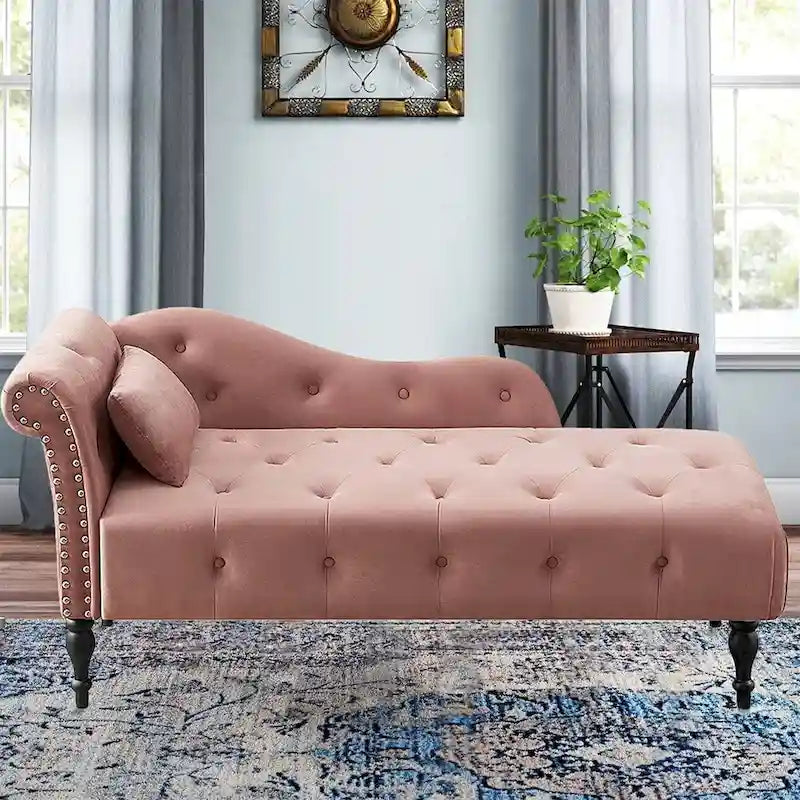 60 W Velvet Chaise Lounge, Tufted with Pillow & Nailhead Decorate - 60.6W  x 27.5D  x 28.3 H