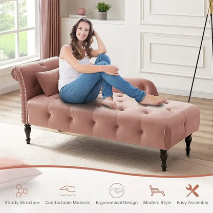 60 W Velvet Chaise Lounge, Tufted with Pillow & Nailhead Decorate - 60.6W  x 27.5D  x 28.3 H