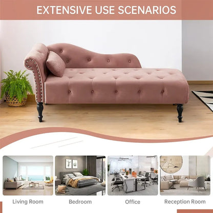60 W Velvet Chaise Lounge, Tufted with Pillow & Nailhead Decorate - 60.6W  x 27.5D  x 28.3 H