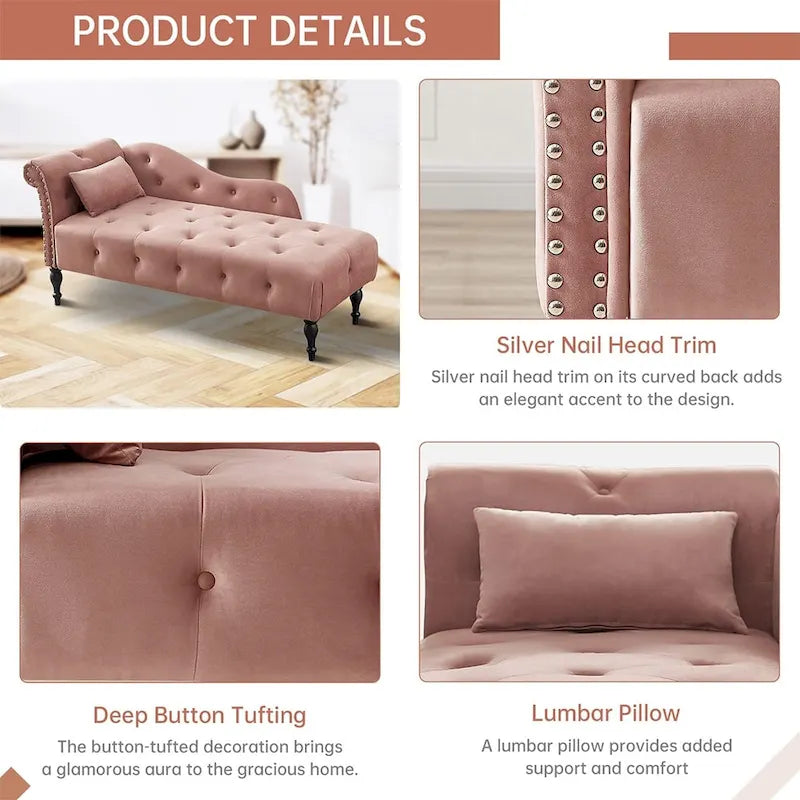 60 W Velvet Chaise Lounge, Tufted with Pillow & Nailhead Decorate - 60.6W  x 27.5D  x 28.3 H