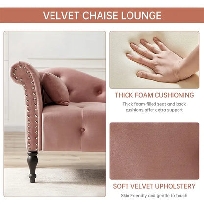 60 W Velvet Chaise Lounge, Tufted with Pillow & Nailhead Decorate - 60.6W  x 27.5D  x 28.3 H