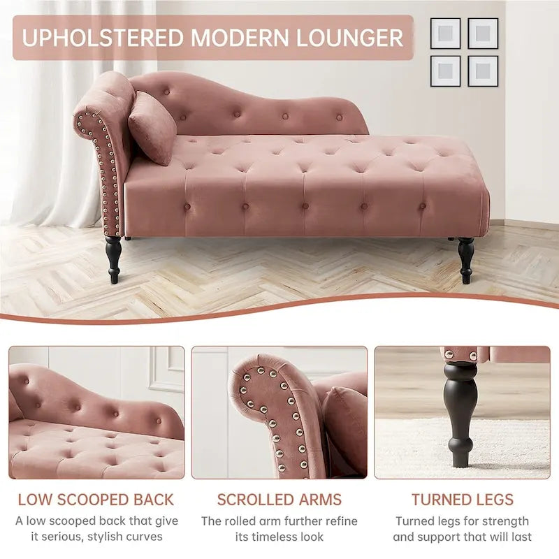 60 W Velvet Chaise Lounge, Tufted with Pillow & Nailhead Decorate - 60.6W  x 27.5D  x 28.3 H