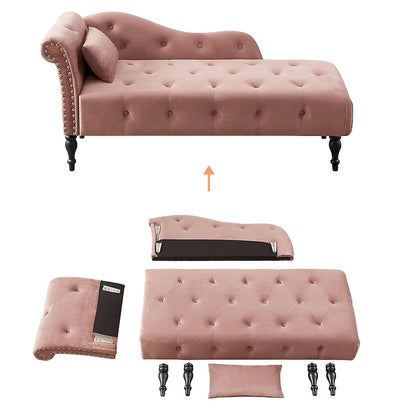 60 W Velvet Chaise Lounge, Tufted with Pillow & Nailhead Decorate - 60.6W  x 27.5D  x 28.3 H