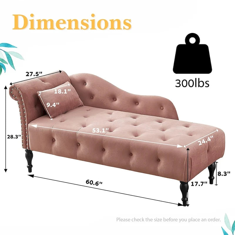 60 W Velvet Chaise Lounge, Tufted with Pillow & Nailhead Decorate - 60.6W  x 27.5D  x 28.3 H