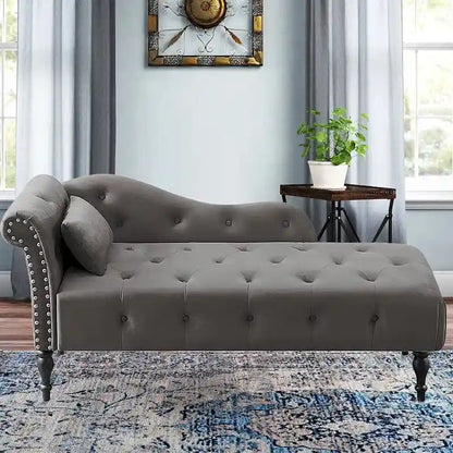 60 W Velvet Chaise Lounge, Tufted with Pillow & Nailhead Decorate - 60.6W  x 27.5D  x 28.3 H