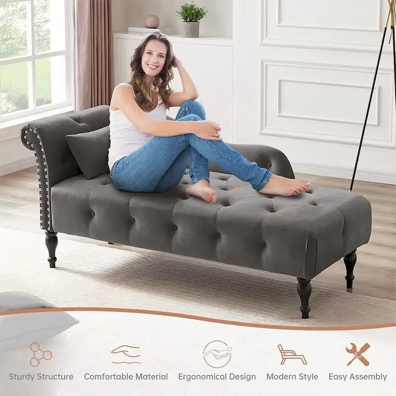 60 W Velvet Chaise Lounge, Tufted with Pillow & Nailhead Decorate - 60.6W  x 27.5D  x 28.3 H