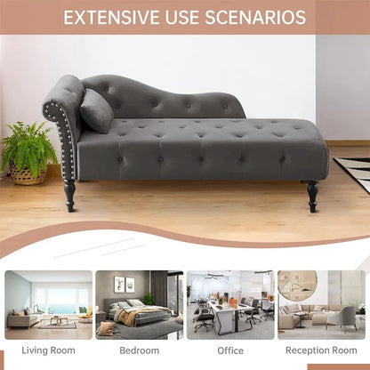 60 W Velvet Chaise Lounge, Tufted with Pillow & Nailhead Decorate - 60.6W  x 27.5D  x 28.3 H