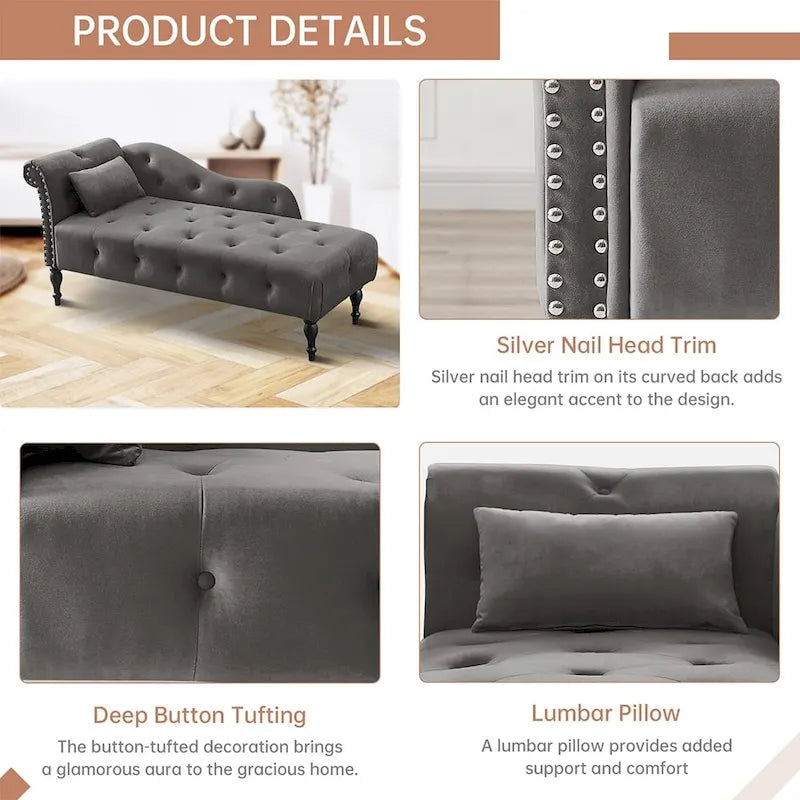60 W Velvet Chaise Lounge, Tufted with Pillow & Nailhead Decorate - 60.6W  x 27.5D  x 28.3 H