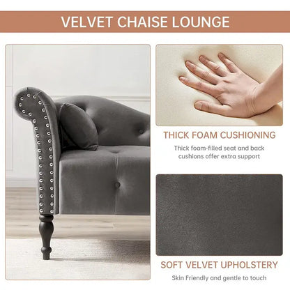 60 W Velvet Chaise Lounge, Tufted with Pillow & Nailhead Decorate - 60.6W  x 27.5D  x 28.3 H