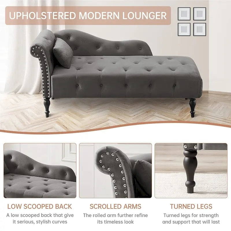 60 W Velvet Chaise Lounge, Tufted with Pillow & Nailhead Decorate - 60.6W  x 27.5D  x 28.3 H
