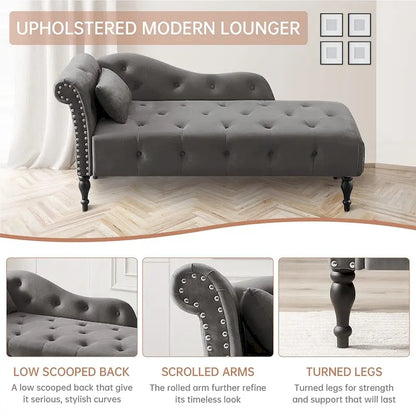60 W Velvet Chaise Lounge, Tufted with Pillow & Nailhead Decorate - 60.6W  x 27.5D  x 28.3 H