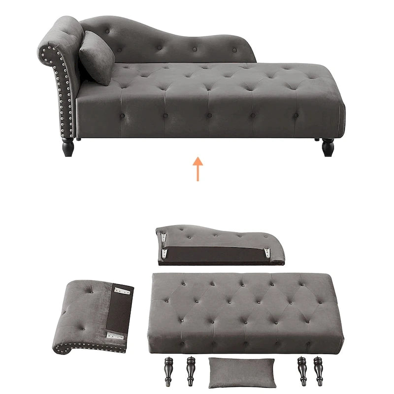 60 W Velvet Chaise Lounge, Tufted with Pillow & Nailhead Decorate - 60.6W  x 27.5D  x 28.3 H