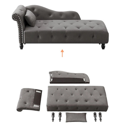 60 W Velvet Chaise Lounge, Tufted with Pillow & Nailhead Decorate - 60.6W  x 27.5D  x 28.3 H