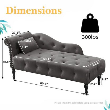 60 W Velvet Chaise Lounge, Tufted with Pillow & Nailhead Decorate - 60.6W  x 27.5D  x 28.3 H