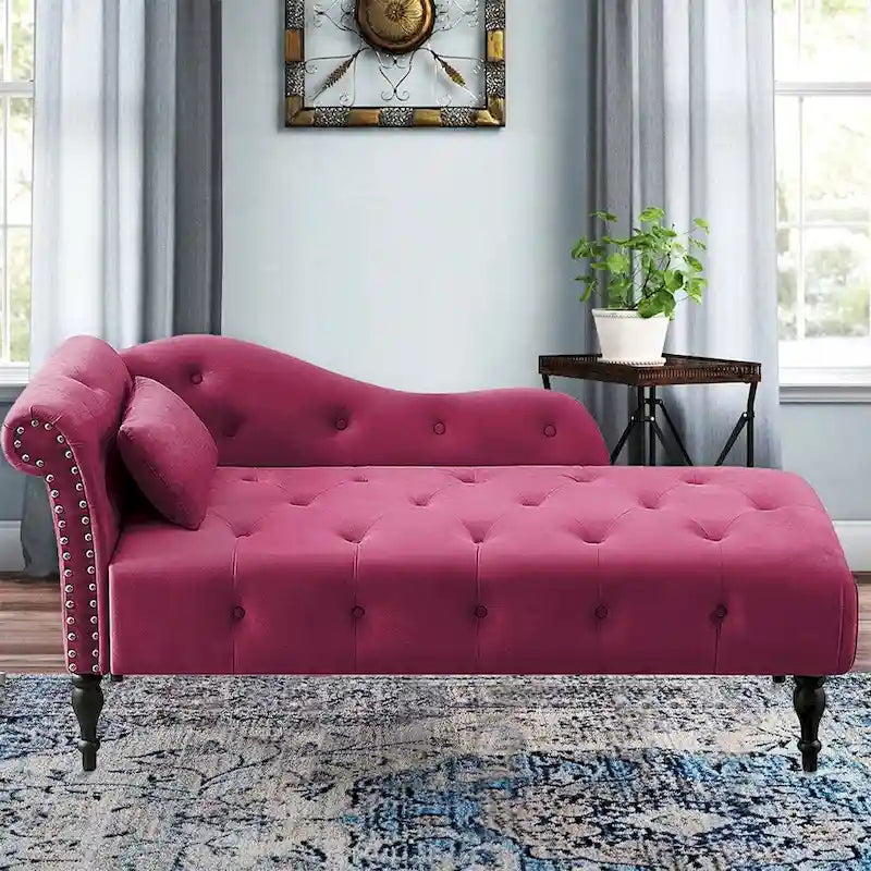 60 W Velvet Chaise Lounge, Tufted with Pillow & Nailhead Decorate - 60.6W  x 27.5D  x 28.3 H