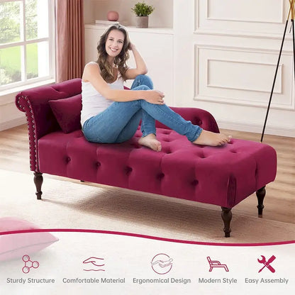 60 W Velvet Chaise Lounge, Tufted with Pillow & Nailhead Decorate - 60.6W  x 27.5D  x 28.3 H