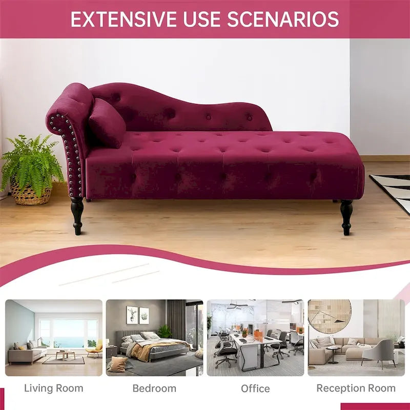 60 W Velvet Chaise Lounge, Tufted with Pillow & Nailhead Decorate - 60.6W  x 27.5D  x 28.3 H