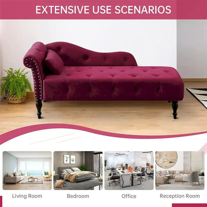 60 W Velvet Chaise Lounge, Tufted with Pillow & Nailhead Decorate - 60.6W  x 27.5D  x 28.3 H