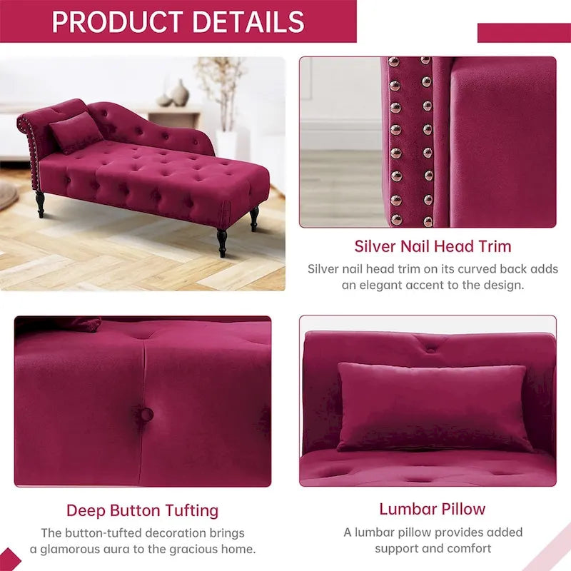 60 W Velvet Chaise Lounge, Tufted with Pillow & Nailhead Decorate - 60.6W  x 27.5D  x 28.3 H