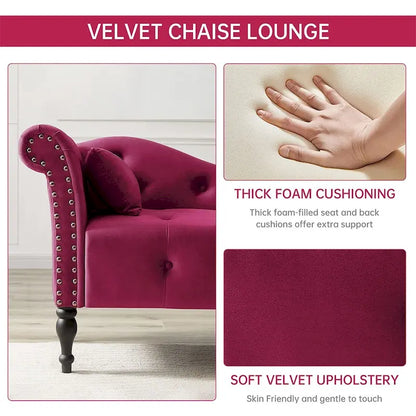 60 W Velvet Chaise Lounge, Tufted with Pillow & Nailhead Decorate - 60.6W  x 27.5D  x 28.3 H