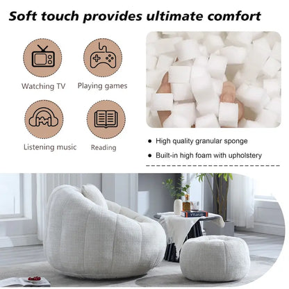 HOMEFUN Chenille Upholstered Round Lazy Cozy Bean Bag Chair with Ottoman and a Pillow