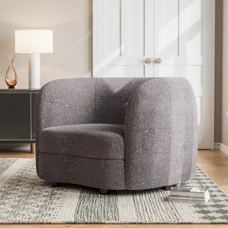Modern Boucle Accent Chair with Curved Arms, Kidney Seat & Round Wood Legs