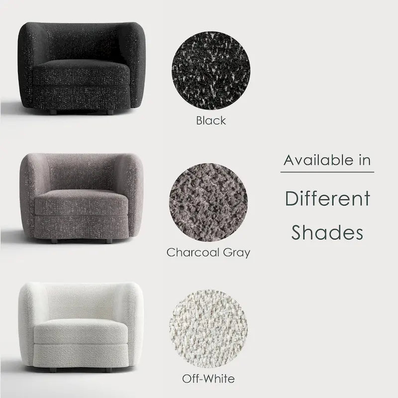 Modern Boucle Accent Chair with Curved Arms, Kidney Seat & Round Wood Legs