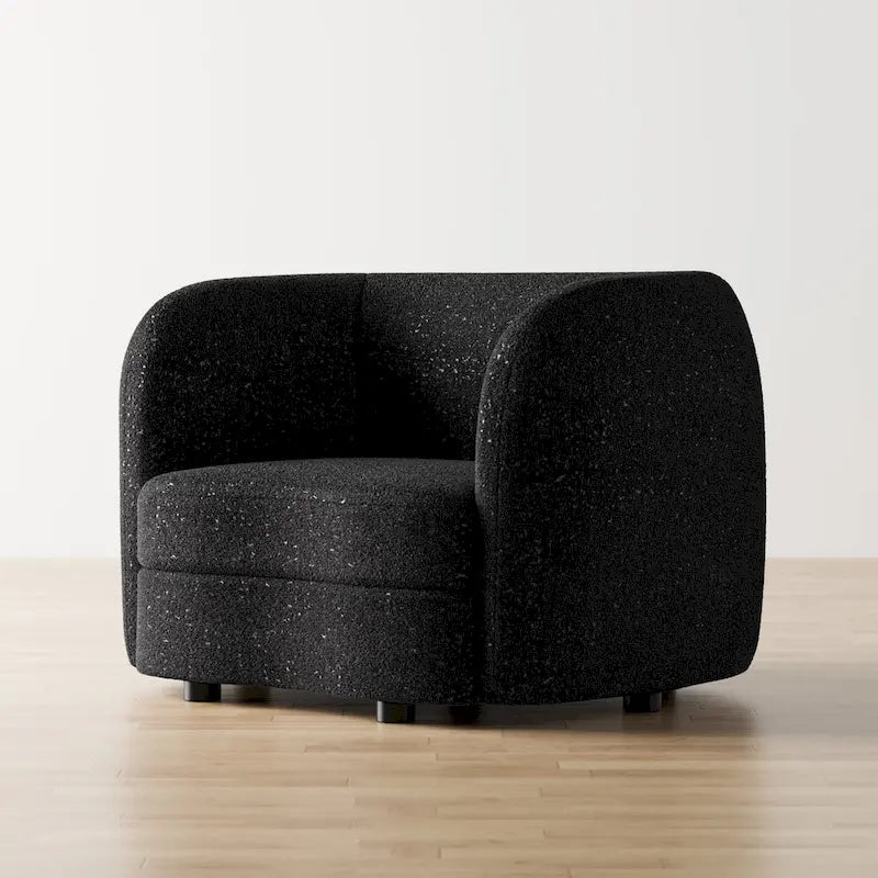 Modern Boucle Accent Chair with Curved Arms, Kidney Seat & Round Wood Legs