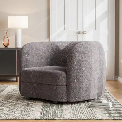 Modern Boucle Accent Chair with Curved Arms, Kidney Seat & Round Wood Legs