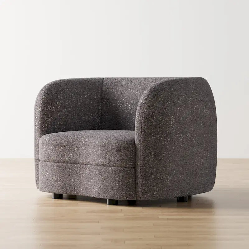 Modern Boucle Accent Chair with Curved Arms, Kidney Seat & Round Wood Legs