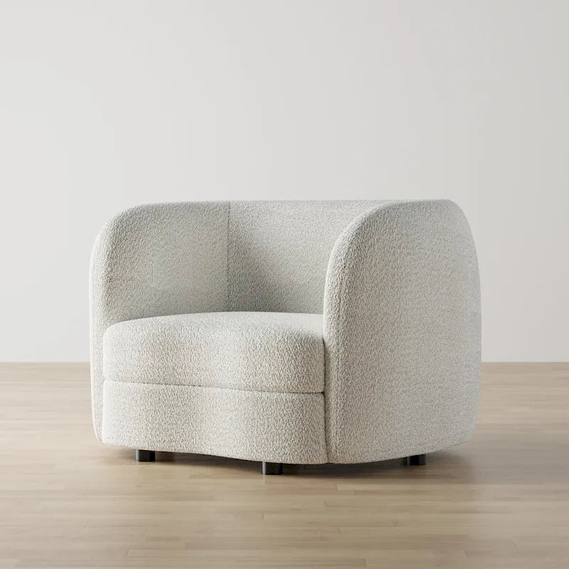 Modern Boucle Accent Chair with Curved Arms, Kidney Seat & Round Wood Legs