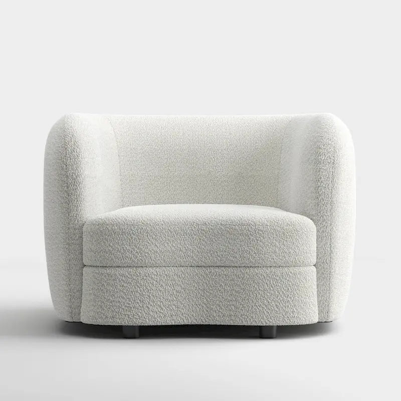 Modern Boucle Accent Chair with Curved Arms, Kidney Seat & Round Wood Legs