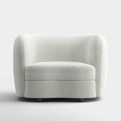Modern Boucle Accent Chair with Curved Arms, Kidney Seat & Round Wood Legs
