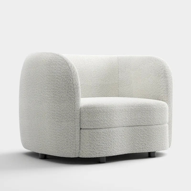 Modern Boucle Accent Chair with Curved Arms, Kidney Seat & Round Wood Legs