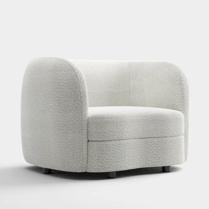 Modern Boucle Accent Chair with Curved Arms, Kidney Seat & Round Wood Legs