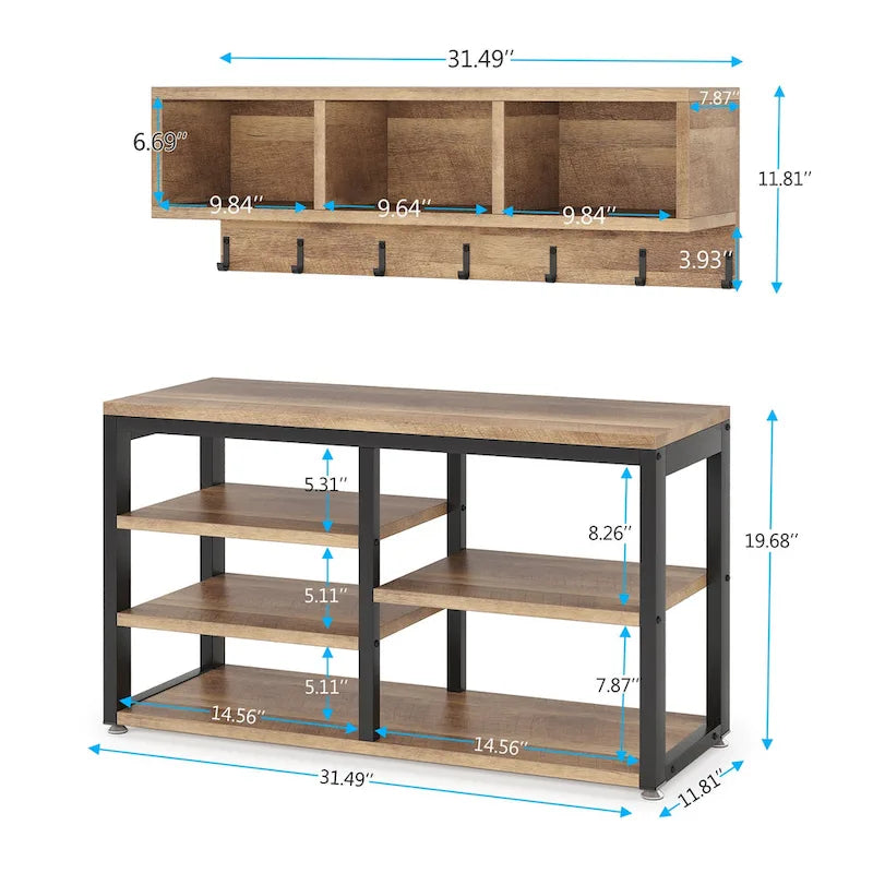 Hall Tree with 7 Hooks, Entryway bench with coat rack