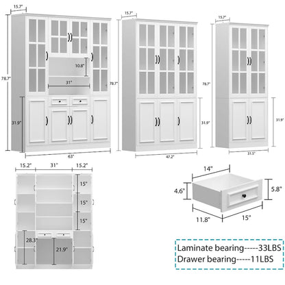 78.7 H Combo Buffet Sideboard White Curio Bookcase Cabinet Glass Door