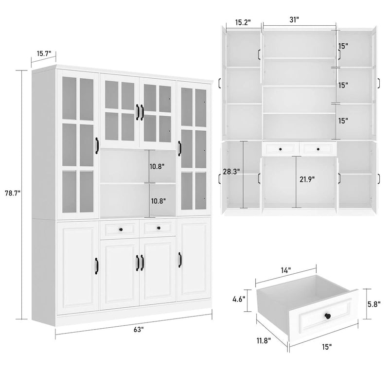 78.7 H Combo Buffet Sideboard White Curio Bookcase Cabinet Glass Door