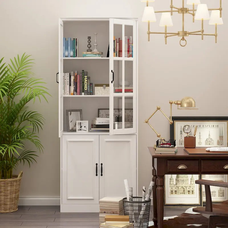 78.7 H Combo Buffet Sideboard White Curio Bookcase Cabinet Glass Door