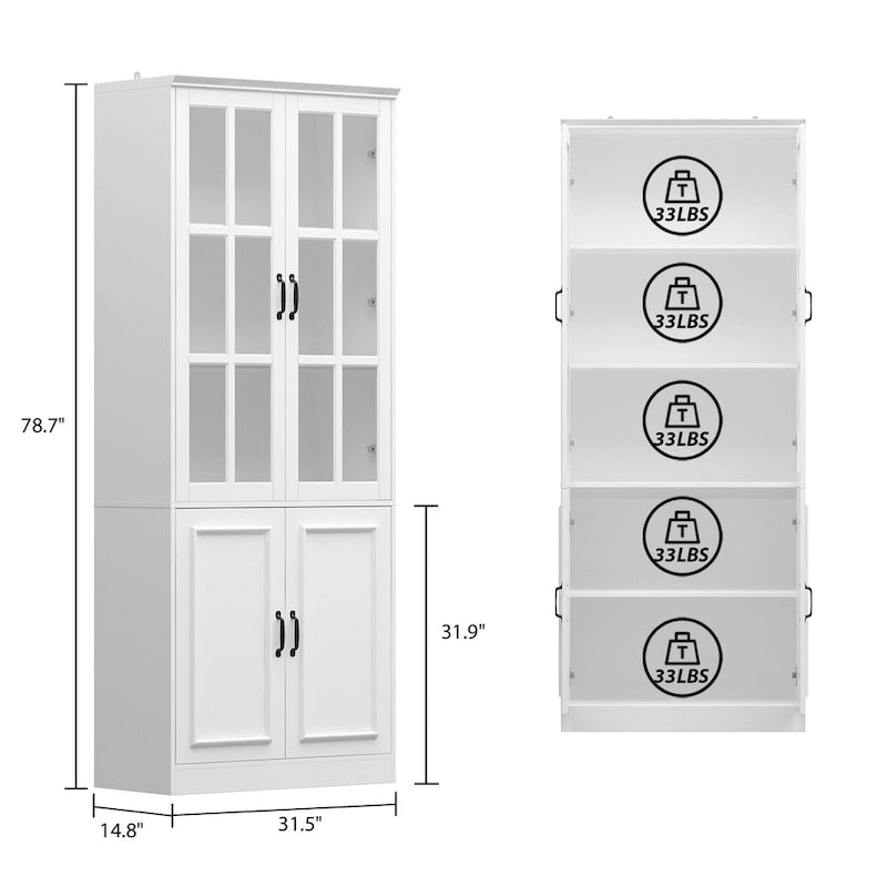 78.7 H Combo Buffet Sideboard White Curio Bookcase Cabinet Glass Door