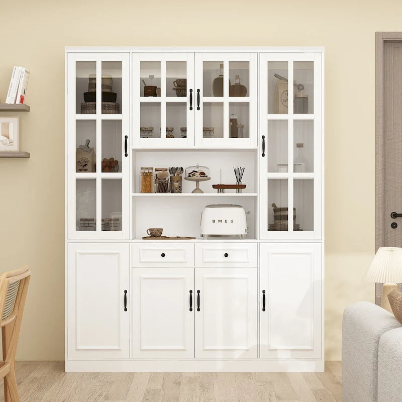 78.7 H Combo Buffet Sideboard White Curio Bookcase Cabinet Glass Door