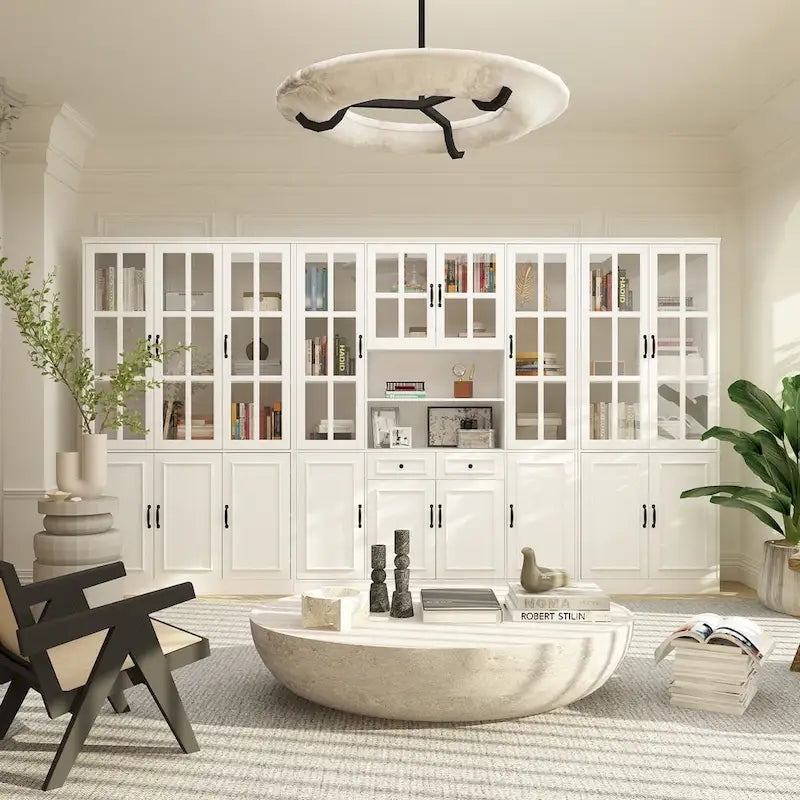 78.7 H Combo Buffet Sideboard White Curio Bookcase Cabinet Glass Door