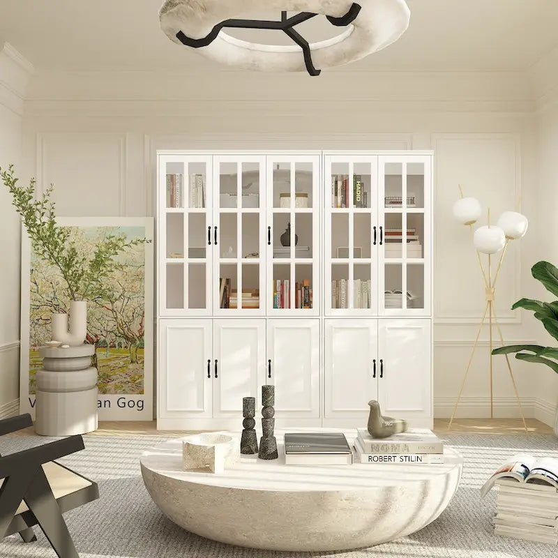 78.7 H Combo Buffet Sideboard White Curio Bookcase Cabinet Glass Door