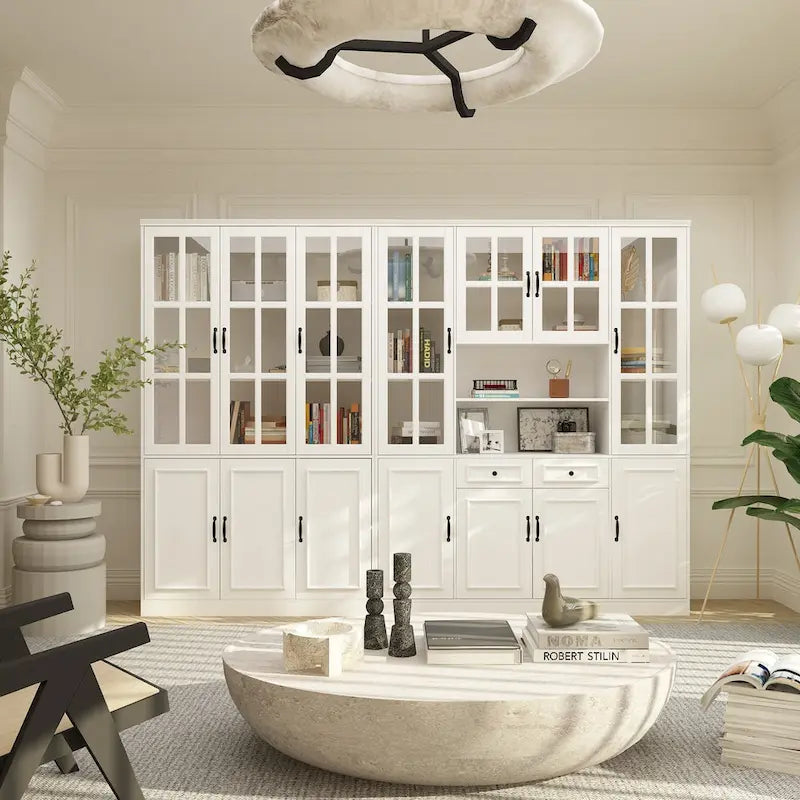 78.7 H Combo Buffet Sideboard White Curio Bookcase Cabinet Glass Door