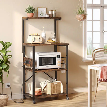Kitchen Bakers Rack with Storage Shelves &USB Outlets, Microwave Oven Stand Kitchen Shelf Organizer