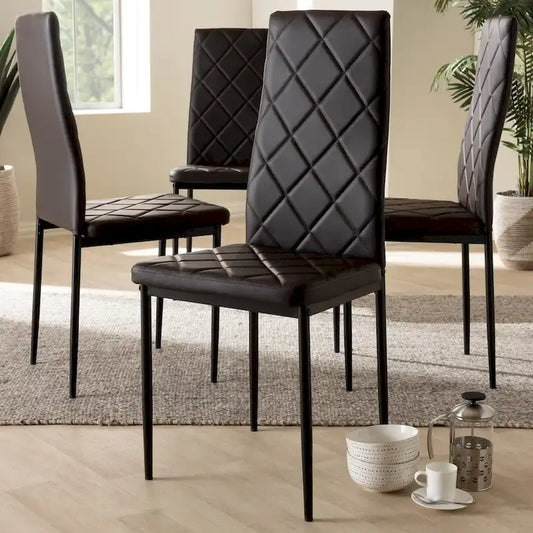 Grid-Tufted Faux Leather Dining Chairs - Black - Set of 4
