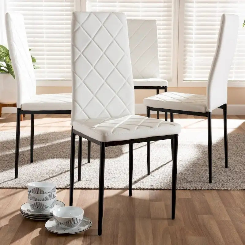 Grid-Tufted Faux Leather Dining Chairs - Black - Set of 4